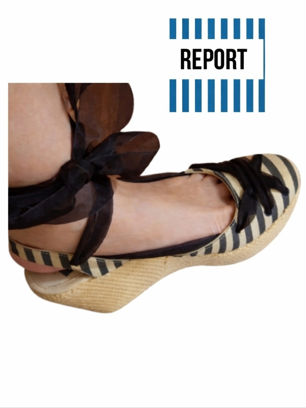 Report striped espadrille sandals wedges with organza ties 10‎